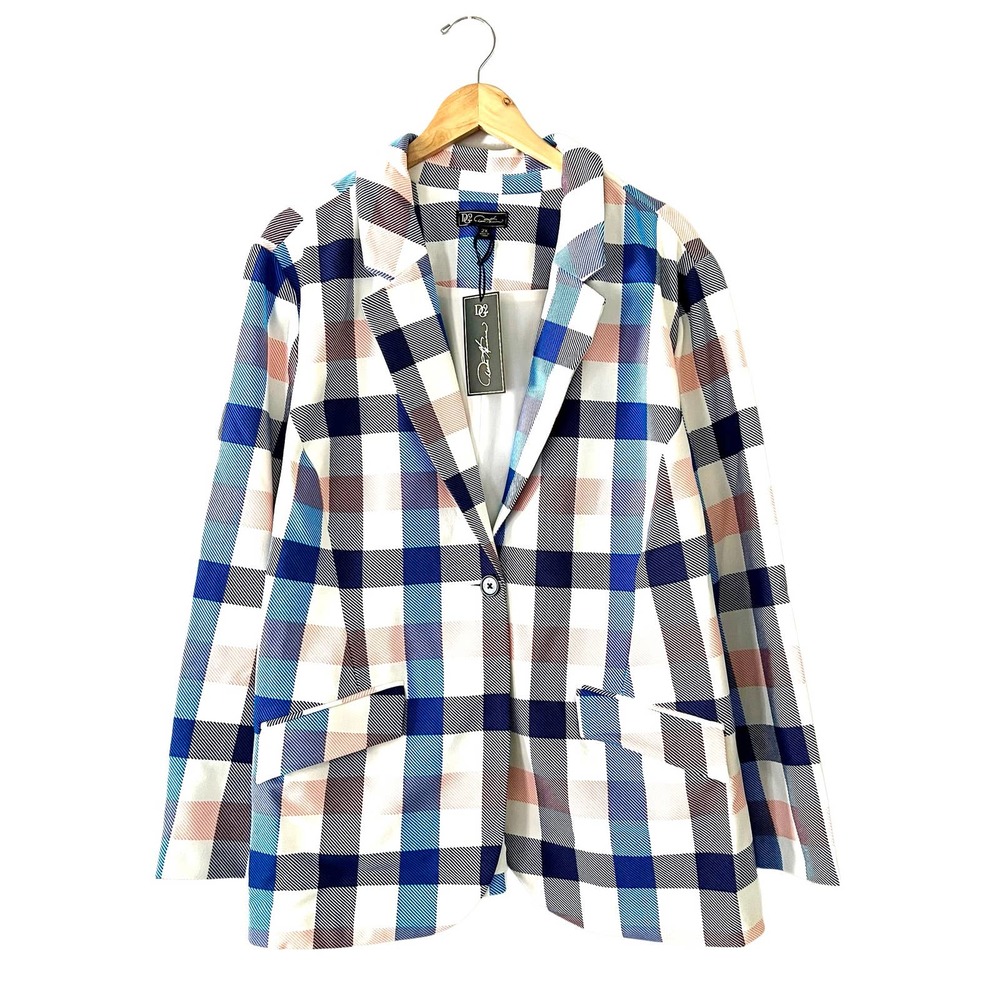 DG2 by Diane Gilman Blue White Gray Plaid Single-Button Blazer